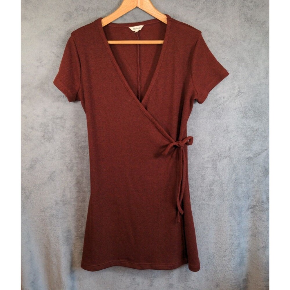 Madewell Ribbed Knit Wrap Dress V-Neck Medium Style AB282 Rust Short Sleeve